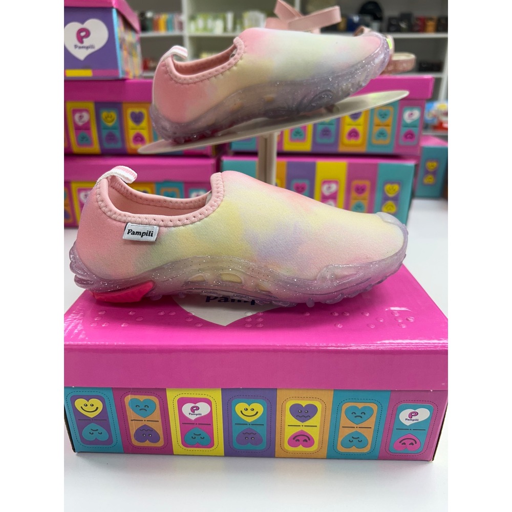 Pampili Girls Tie Dye Slip On Sneakers Pastel Pink Yellow Glitter Sole Kids Shoe